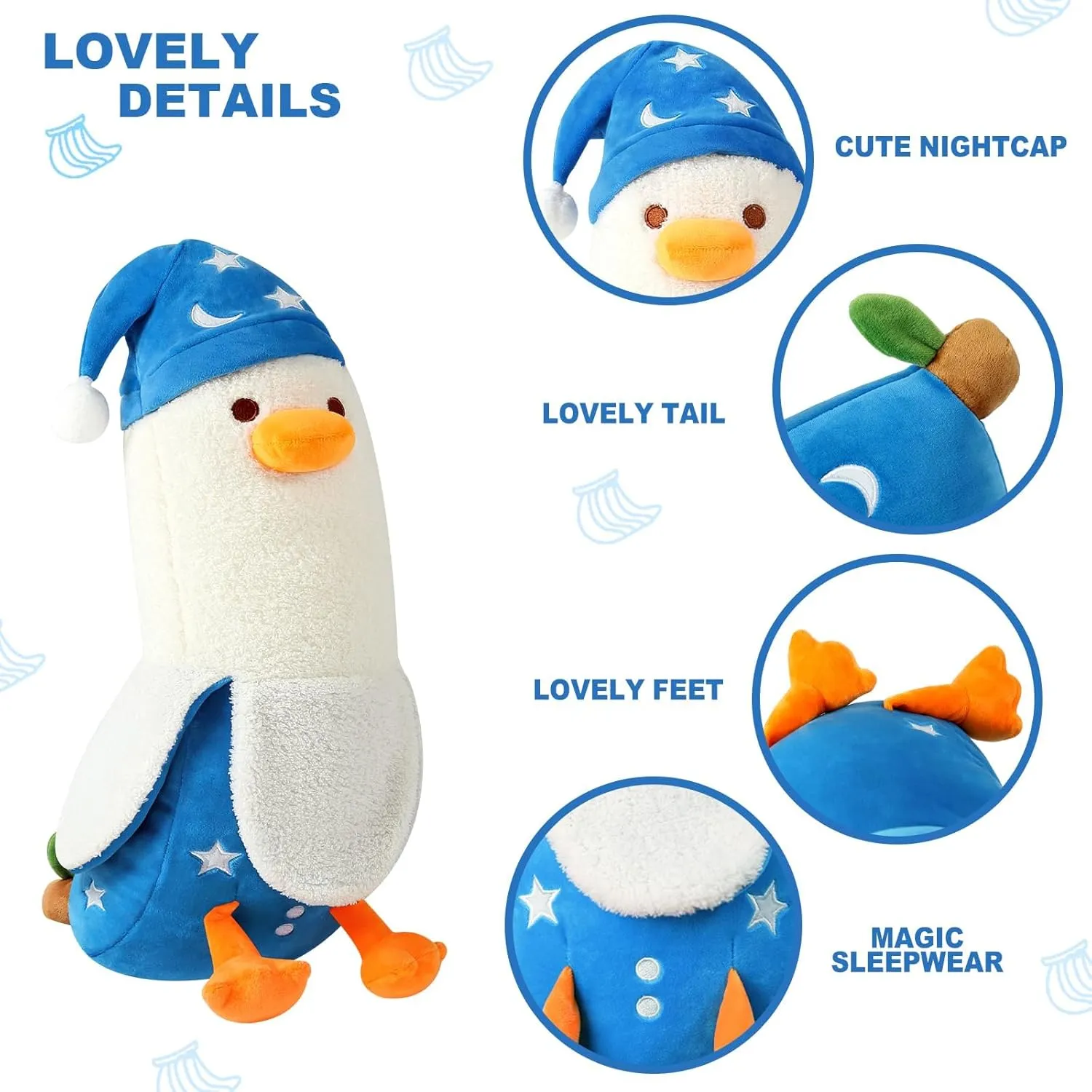 PEACH CAT Cute Long Banana Duck Plush Pillow Toy Cute Duck Plushie with Nightcap Duck Stuffed Animal for Kids White and Blue 12"