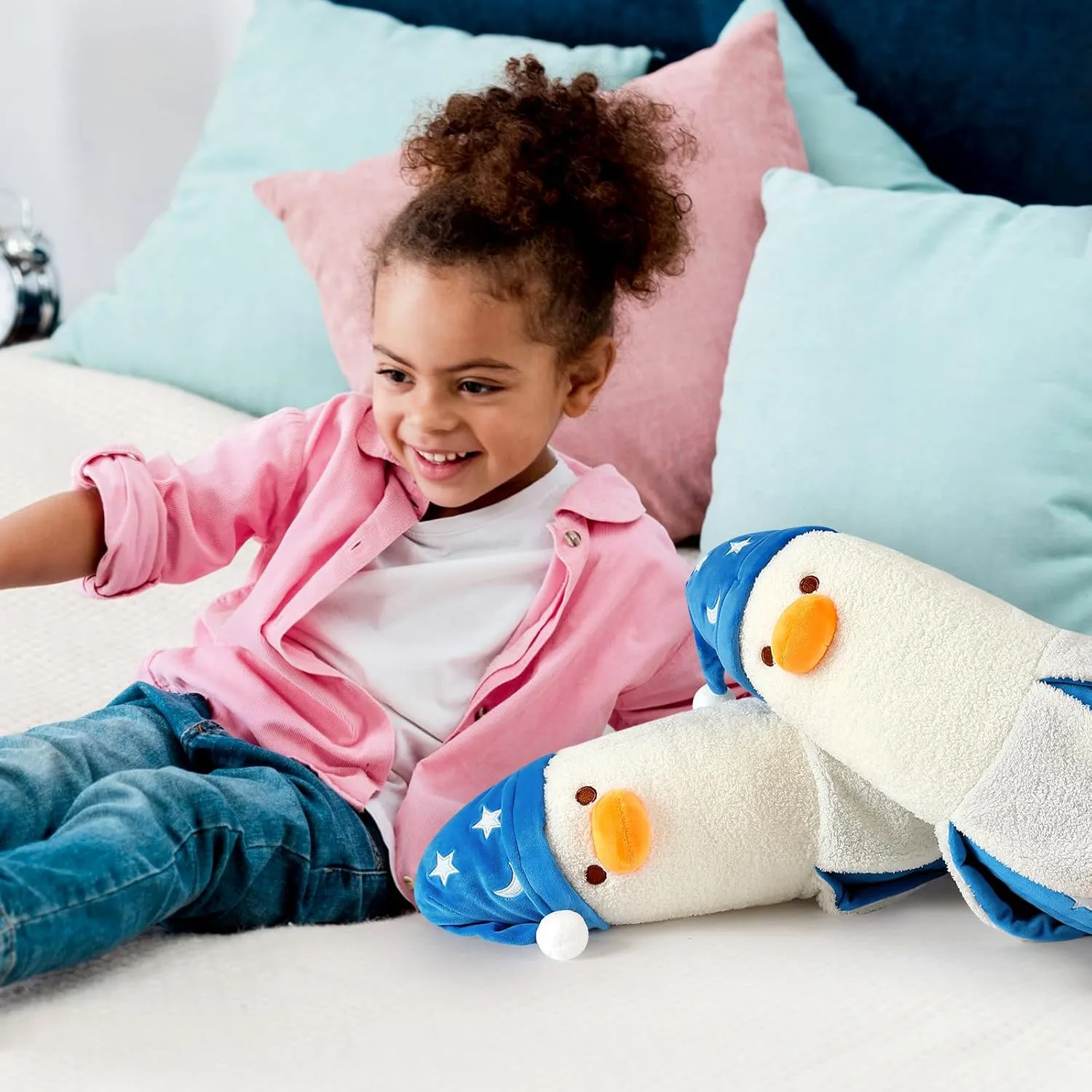 PEACH CAT Cute Long Banana Duck Plush Pillow Toy Cute Duck Plushie with Nightcap Duck Stuffed Animal for Kids White and Blue 12"