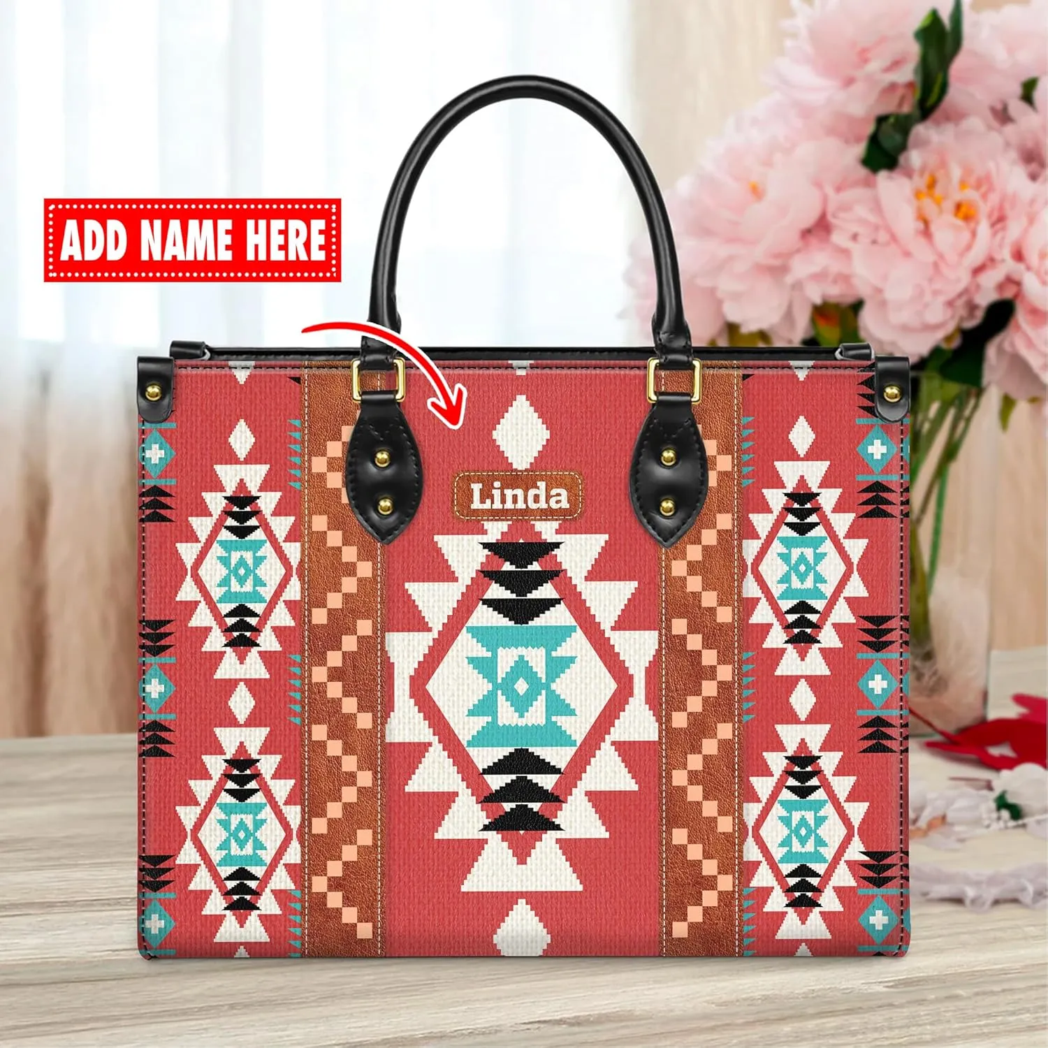 Personalized Leather Handbag for Women – Custom Boho Aztec Purse, Detachable Strap, Mother’s Day Gift