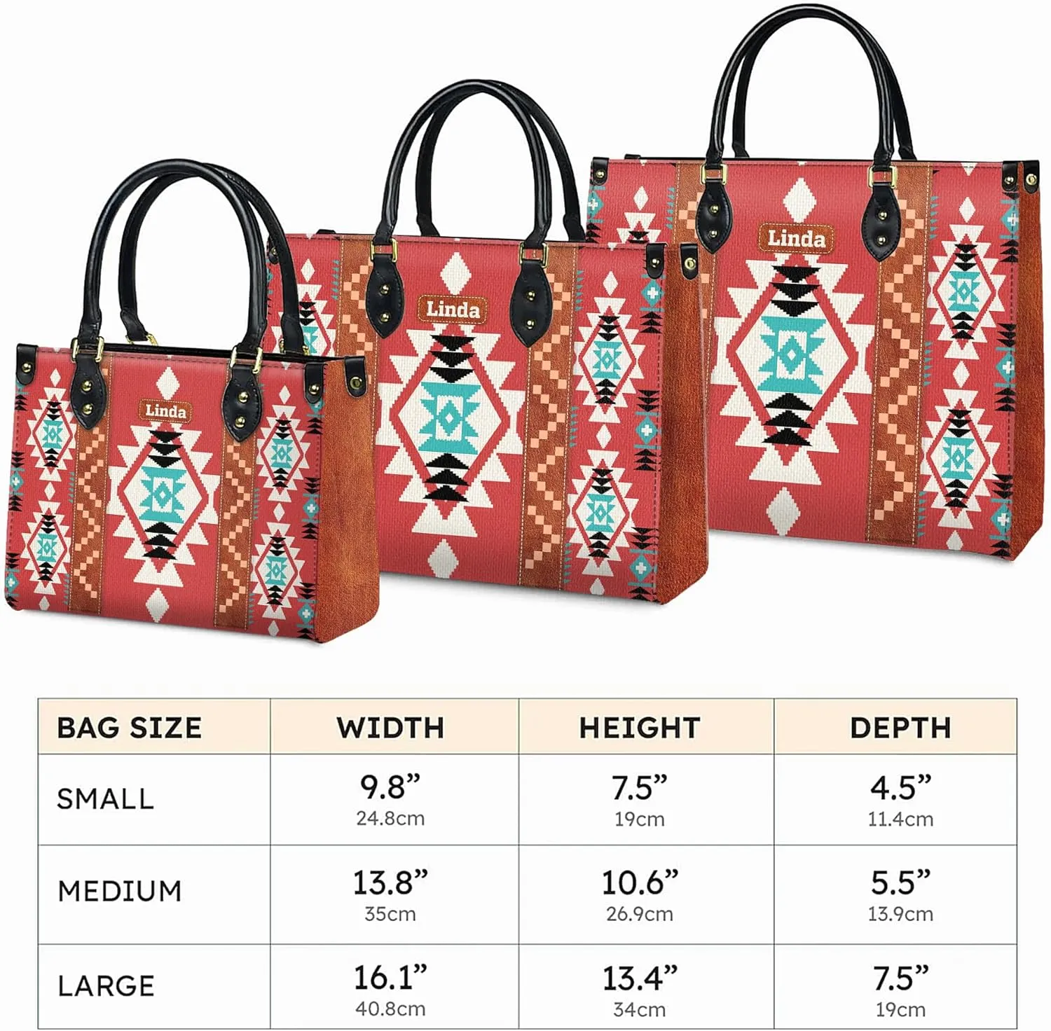 Personalized Leather Handbag for Women – Custom Boho Aztec Purse, Detachable Strap, Mother’s Day Gift