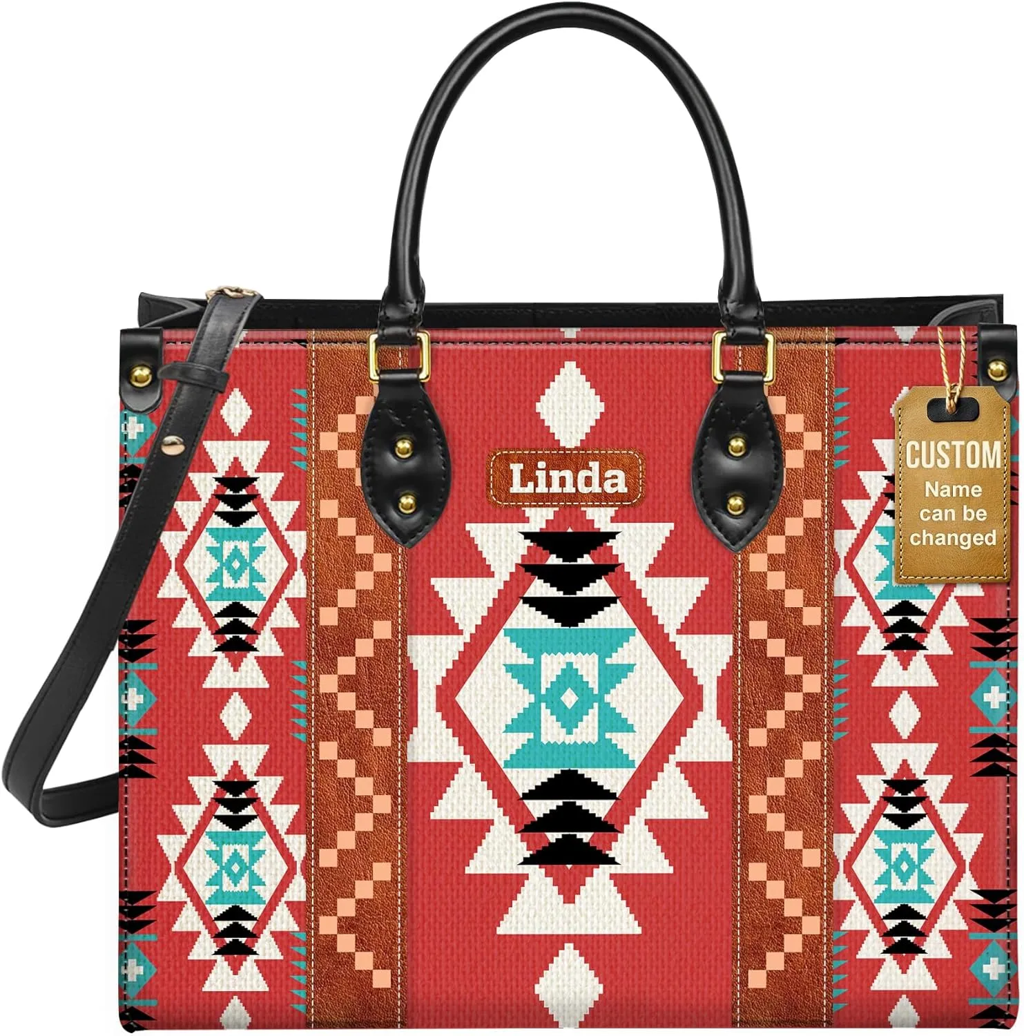 Personalized Leather Handbag for Women – Custom Boho Aztec Purse, Detachable Strap, Mother’s Day Gift