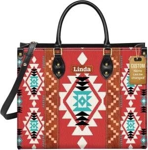 Personalized Leather Handbag for Women – Custom Boho Aztec Purse, Detachable Strap, Mother’s Day Gift