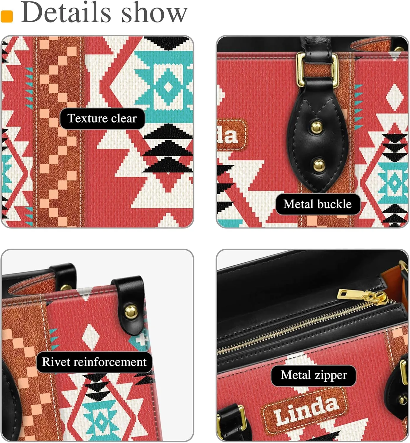 Personalized Leather Handbag for Women – Custom Boho Aztec Purse, Detachable Strap, Mother’s Day Gift