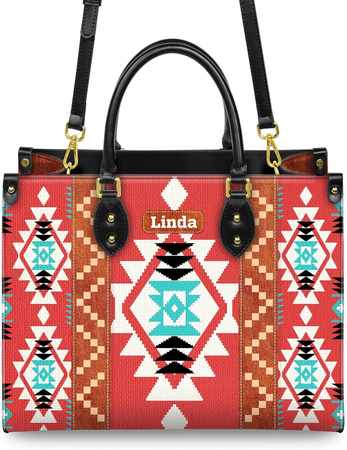 Personalized Leather Handbag for Women – Custom Boho Aztec Purse, Detachable Strap, Mother’s Day Gift