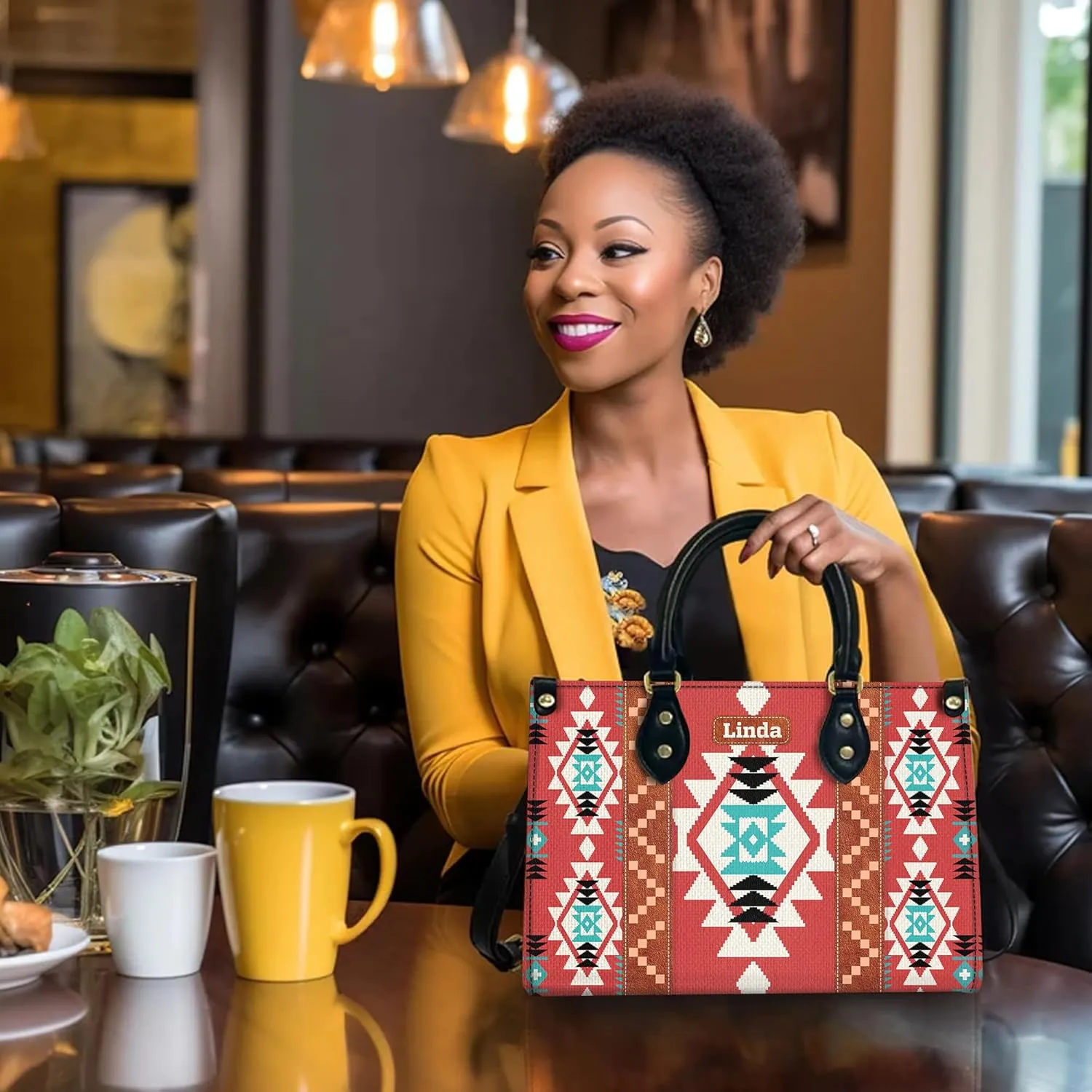 Personalized Leather Handbag for Women – Custom Boho Aztec Purse, Detachable Strap, Mother’s Day Gift