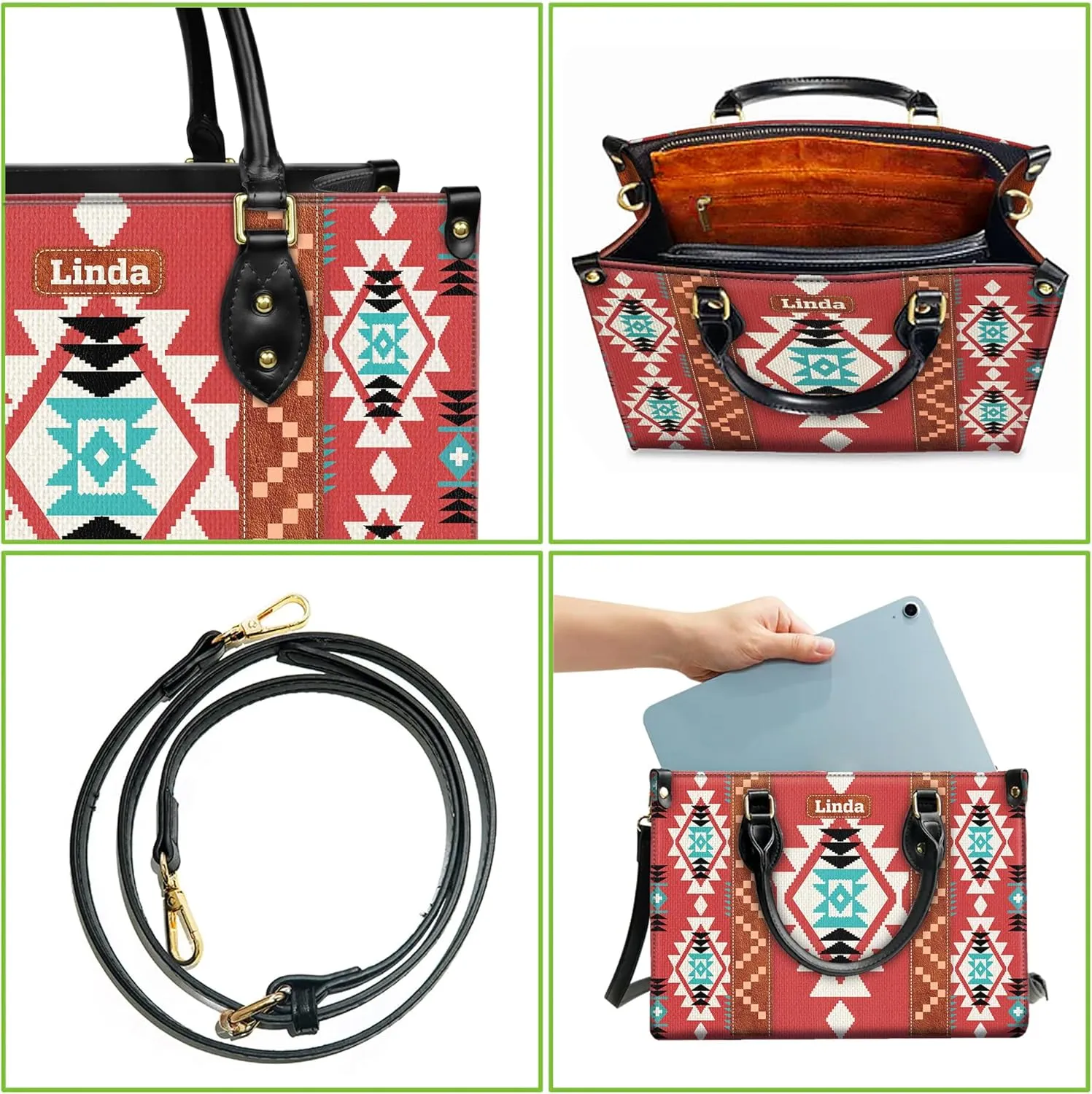 Personalized Leather Handbag for Women – Custom Boho Aztec Purse, Detachable Strap, Mother’s Day Gift