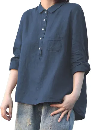 Peter Pan Collar Shirt Women Long Sleeve Casual Quarter-Button Cotton Linen Henley Tops Spring Summer 2025 Tops
