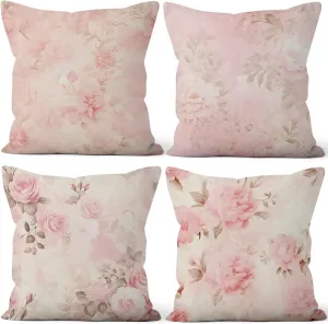 Pink Flower Throw Pillow Covers 20''x20'' Set of 4, Decorative Floral Cushion Covers Vintage Printed Botanical Pillowcases for Couch Sofa Bedroom Farmhouse Livingroom Garden Patio Car