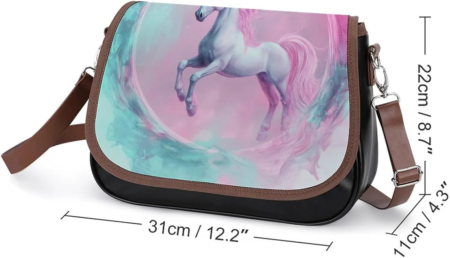 Pink Horse Mystical Crossbody Bag Leather Crossbody Bag,flapover Crossbody Bag,crossover Shoulder Bag with Adjustable Strap
