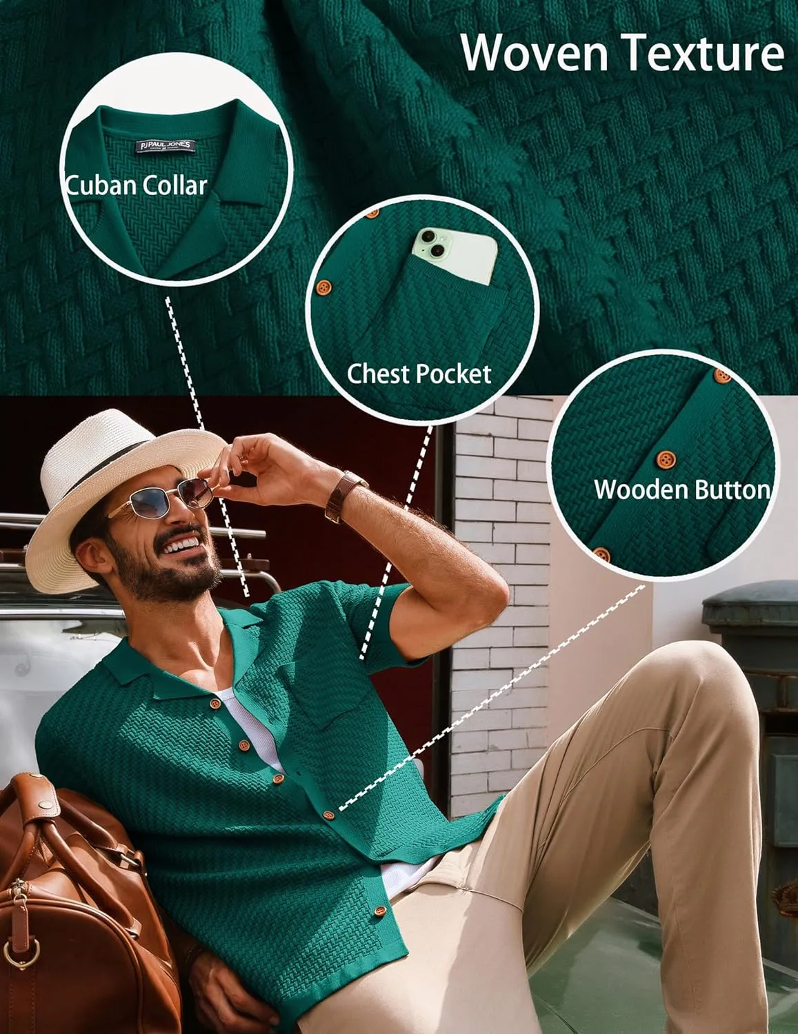 PJ PAUL JONES Mens Knit Shirts Casual Vintage Cuban Collar Short Sleeve Button Down Beach Polo Shirt