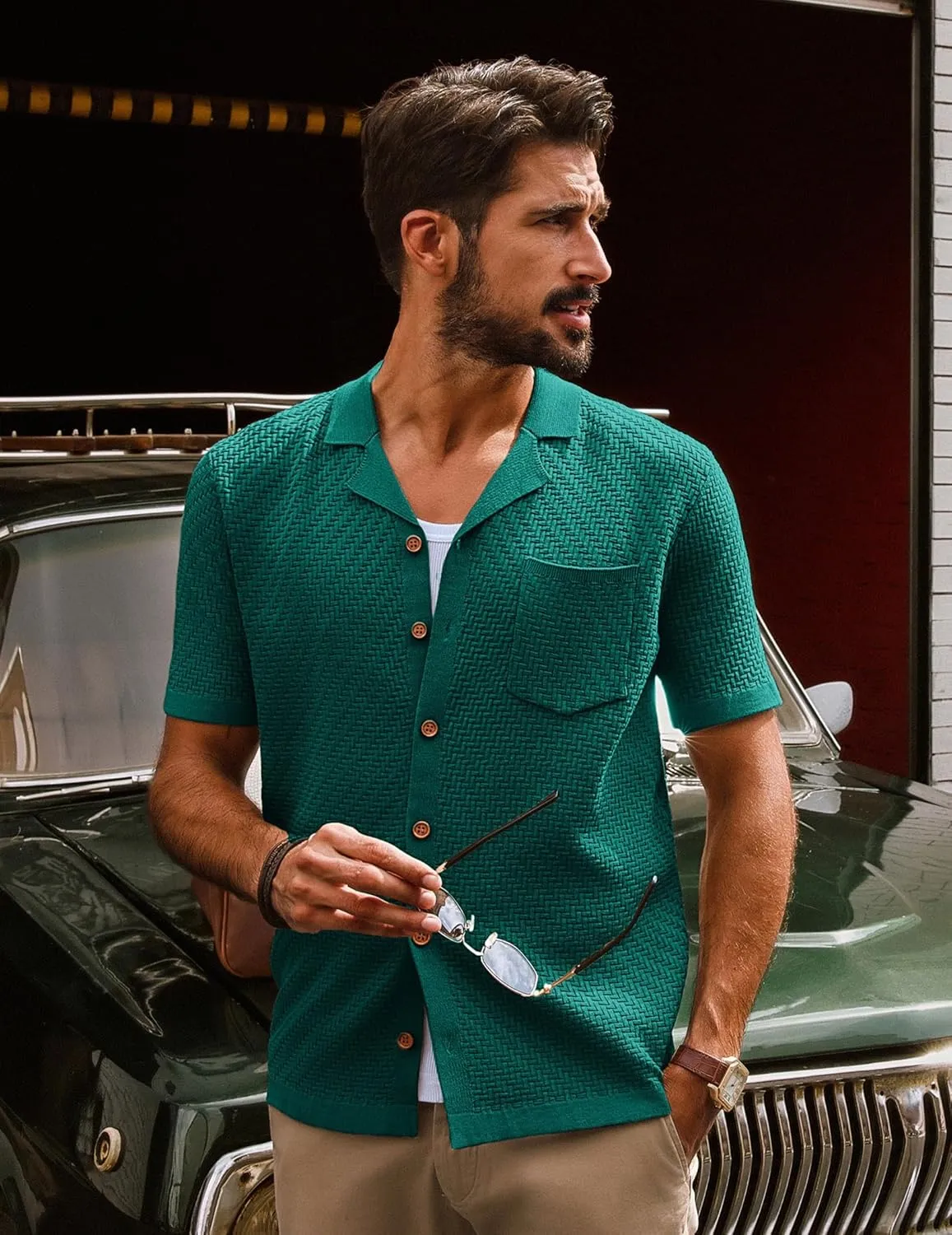 PJ PAUL JONES Mens Knit Shirts Casual Vintage Cuban Collar Short Sleeve Button Down Beach Polo Shirt