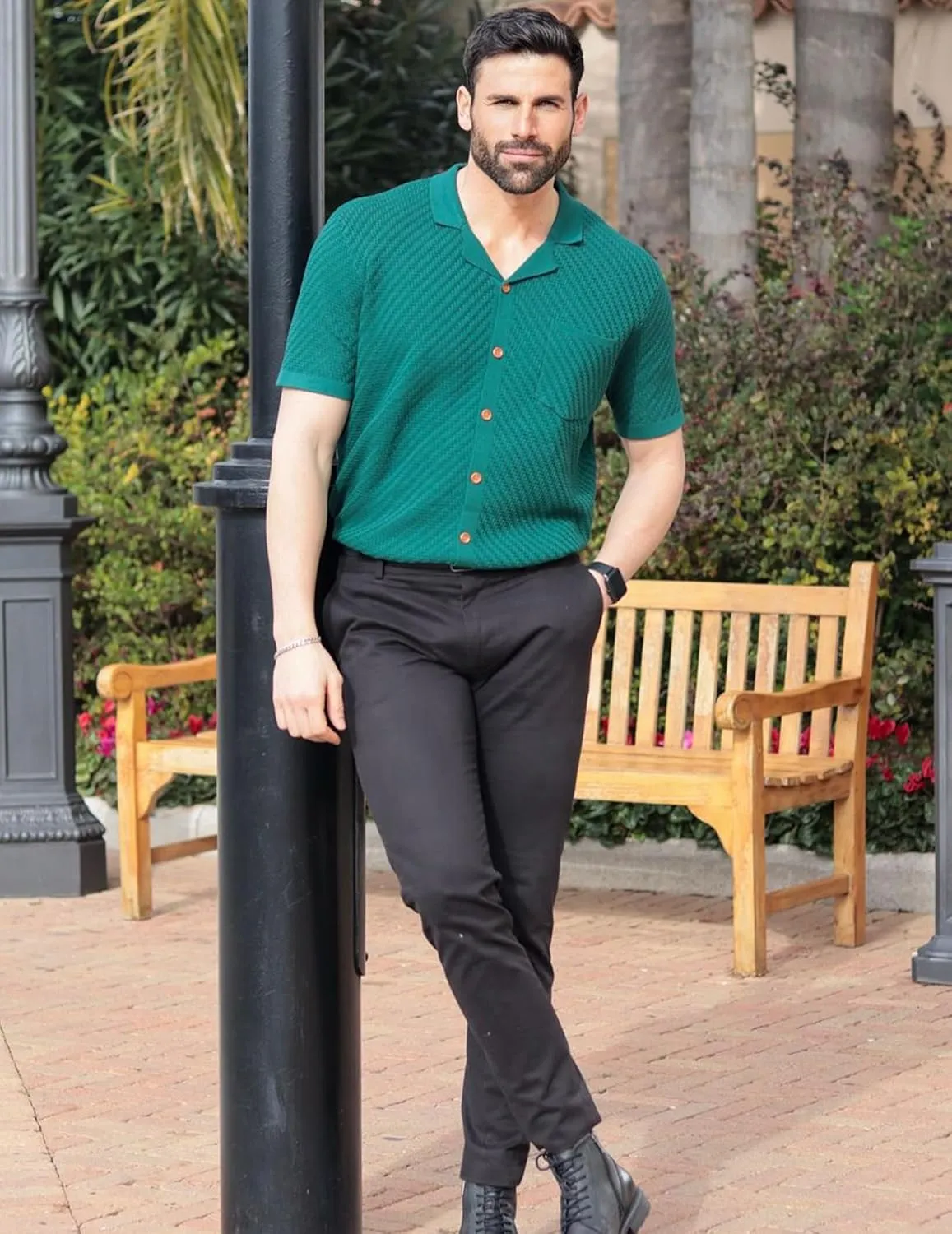 PJ PAUL JONES Mens Knit Shirts Casual Vintage Cuban Collar Short Sleeve Button Down Beach Polo Shirt