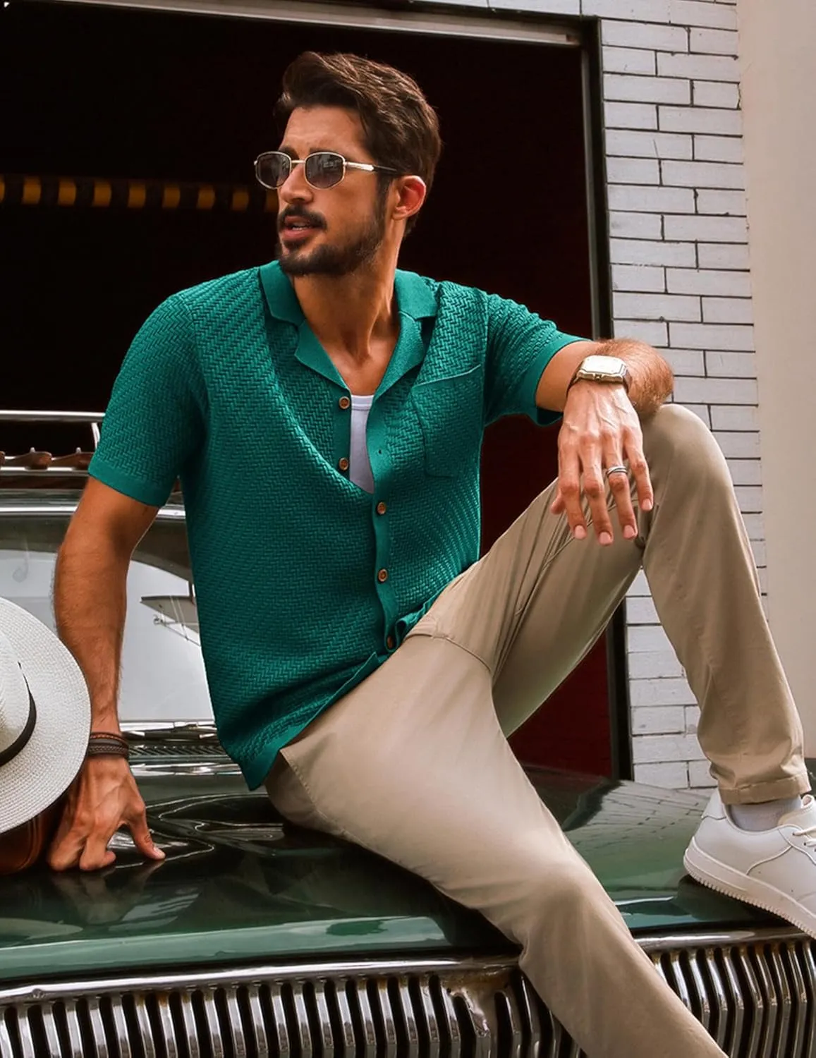 PJ PAUL JONES Mens Knit Shirts Casual Vintage Cuban Collar Short Sleeve Button Down Beach Polo Shirt