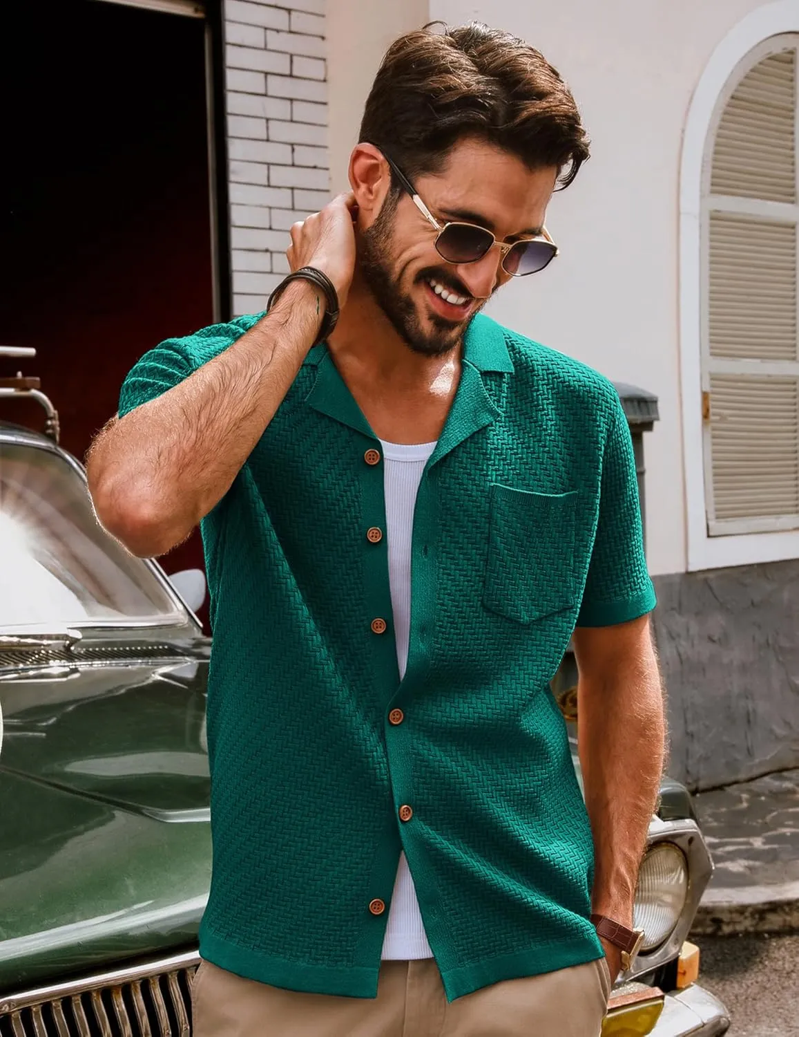 PJ PAUL JONES Mens Knit Shirts Casual Vintage Cuban Collar Short Sleeve Button Down Beach Polo Shirt