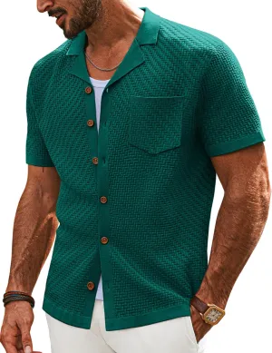 PJ PAUL JONES Mens Knit Shirts Casual Vintage Cuban Collar Short Sleeve Button Down Beach Polo Shirt
