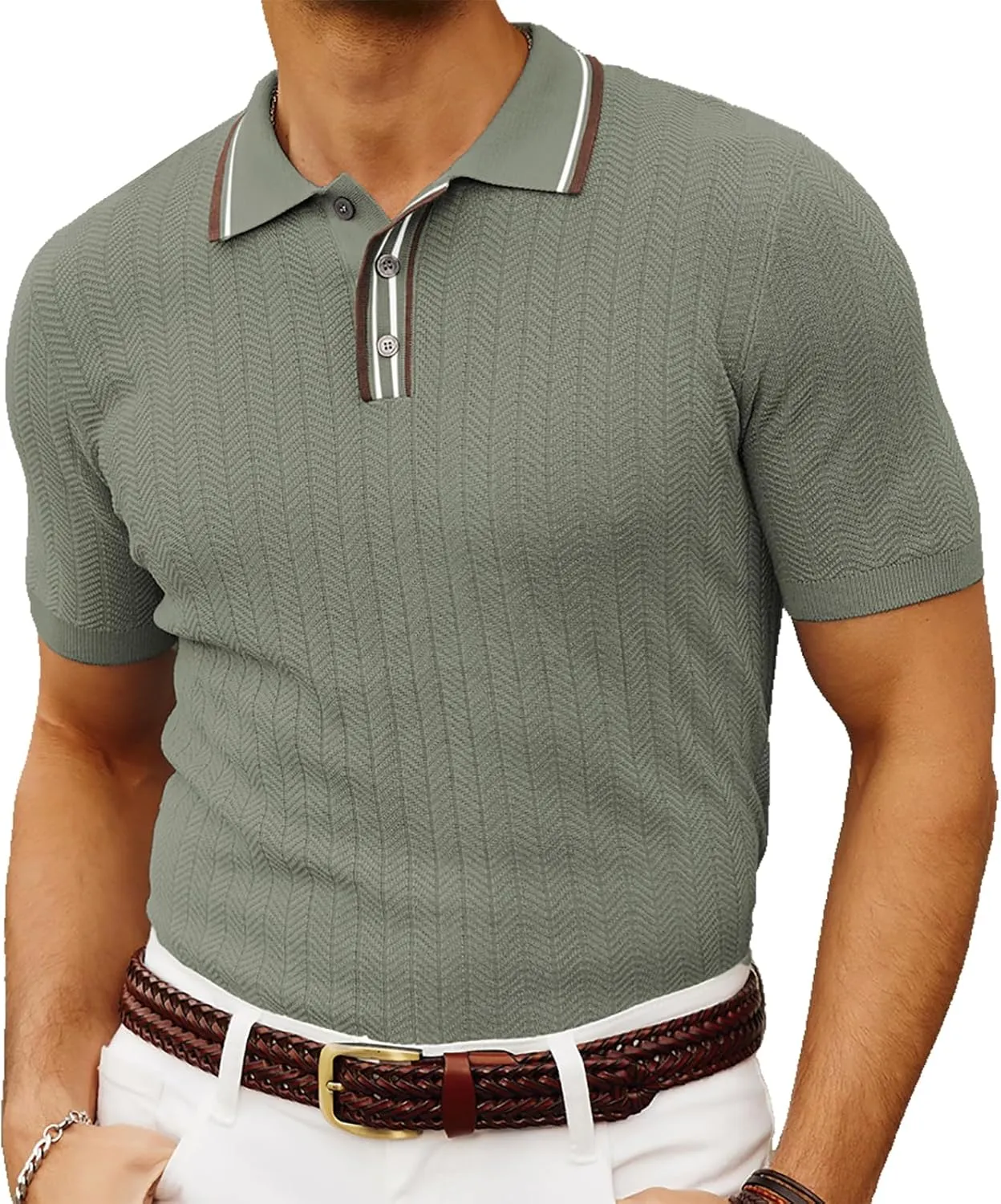 PJ PAUL JONES Mens Knitted Polo Shirts Short Sleeve Textured Pullover Golf Polo T Shirts