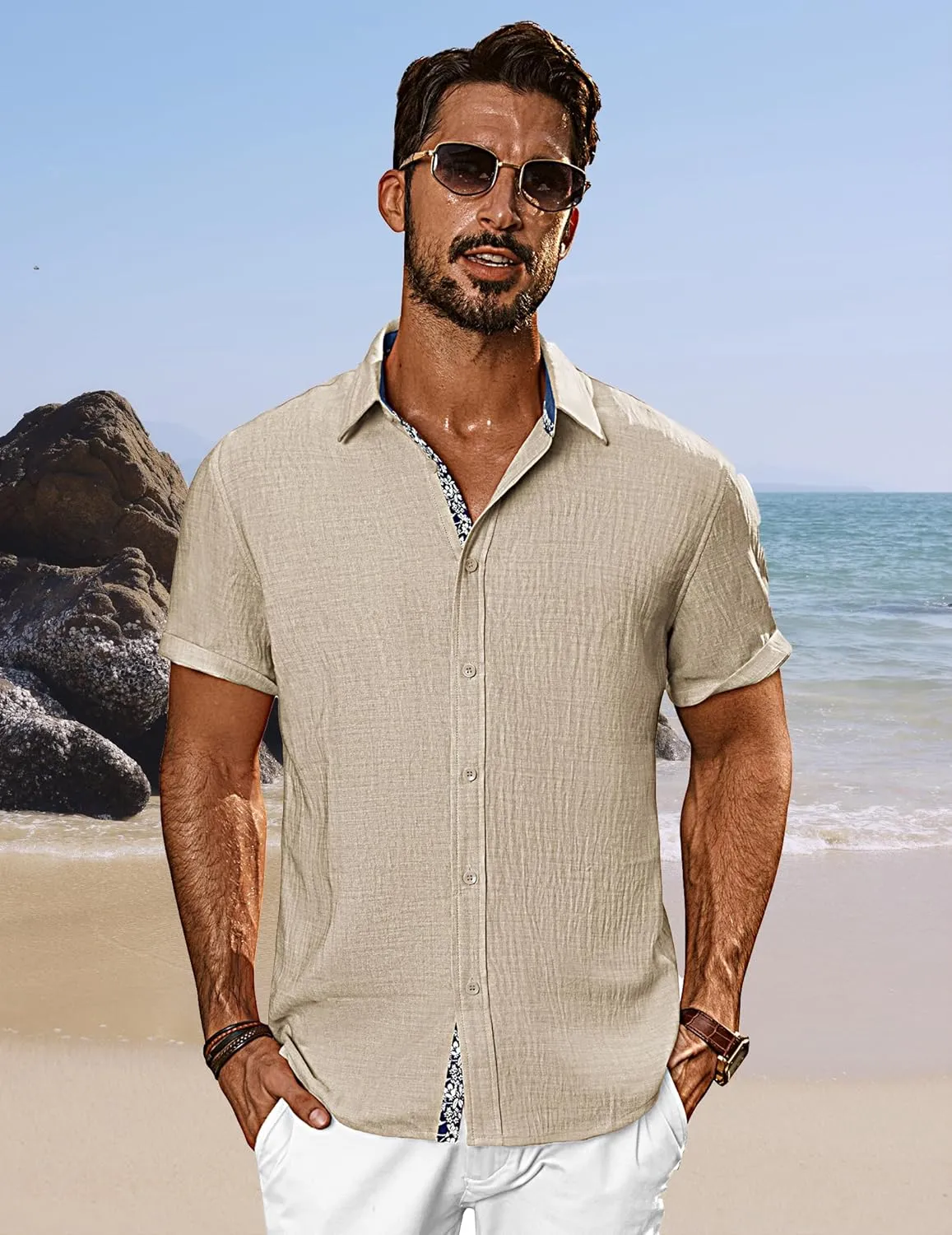 PJ PAUL JONES Mens Short Sleeve Button Down Shirts Casual Beach Summer Vacation Shirts