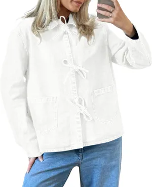 PLNOTME Womens Jean Jacket Tie Front Denim Shacket Tops Fall Fashion Long Sleeve Shirts Coat with Pockets