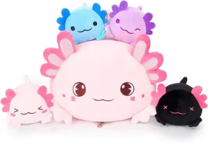 Plush Axolotl Pillow Mommy Stuffed Animal with 4 Babies Axolotls Plushies, Super Soft Kawaii Hugging Pillow Toy Gifts
