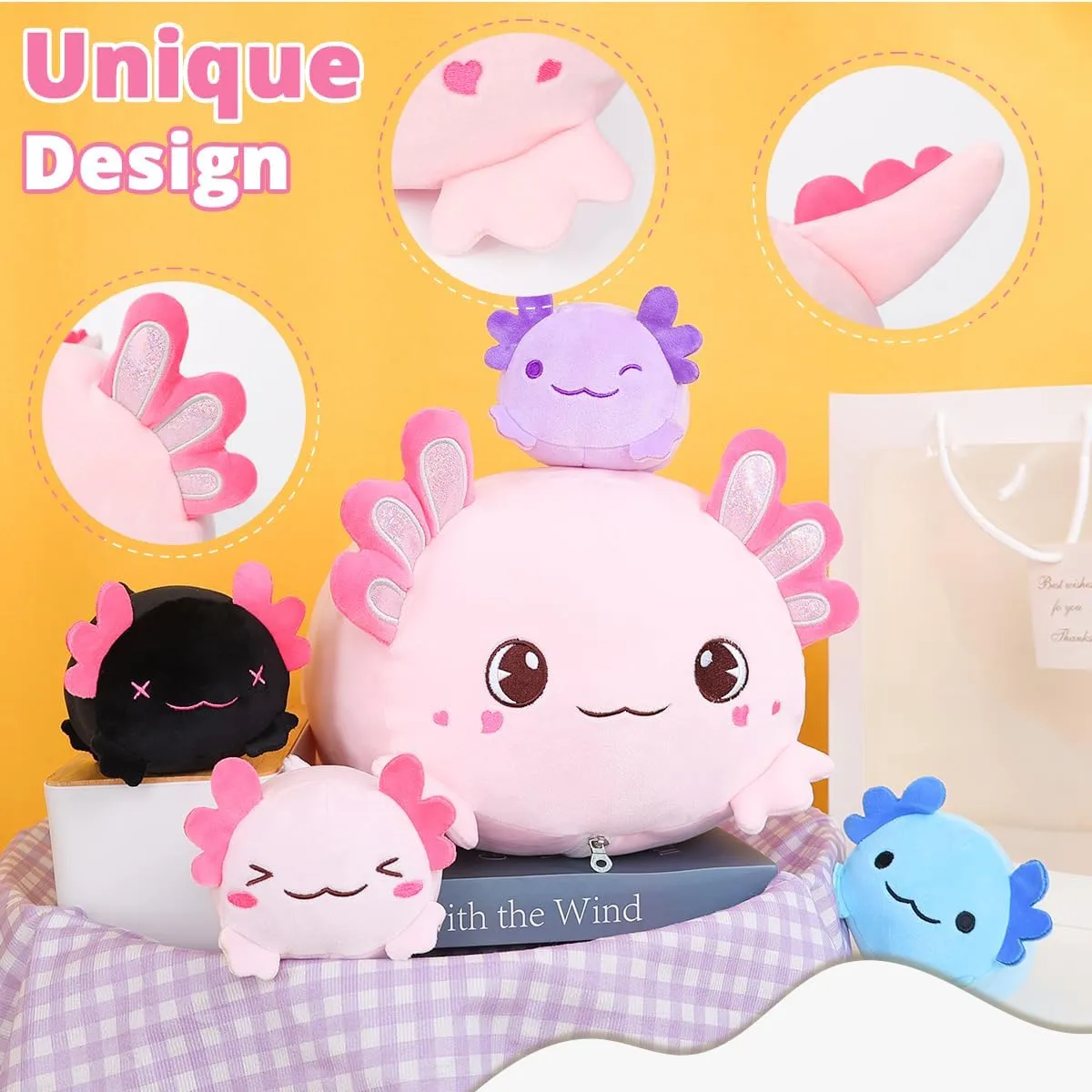 Plush Axolotl Pillow Mommy Stuffed Animal with 4 Babies Axolotls Plushies, Super Soft Kawaii Hugging Pillow Toy Gifts