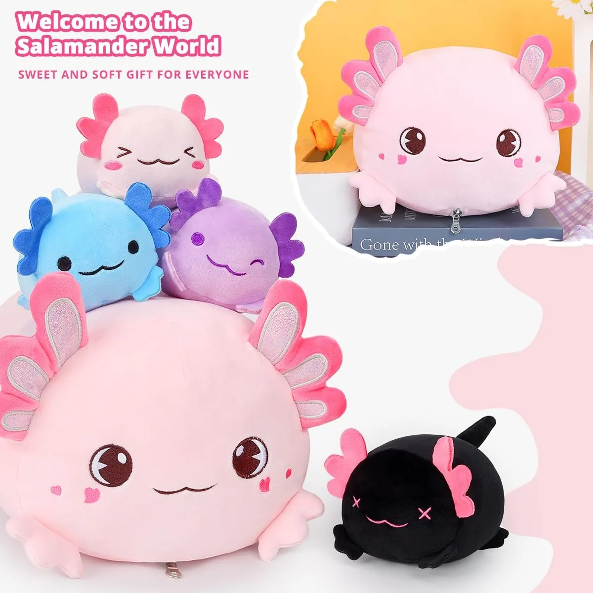 Plush Axolotl Pillow Mommy Stuffed Animal with 4 Babies Axolotls Plushies, Super Soft Kawaii Hugging Pillow Toy Gifts