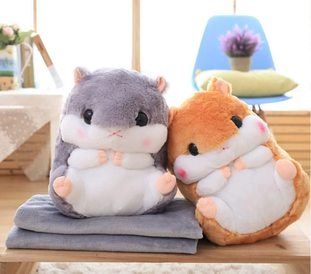Plush Hamster Stuffed Animal Toys Hamster Throw Pillow with Blanket 19.7 Inches Light Brown