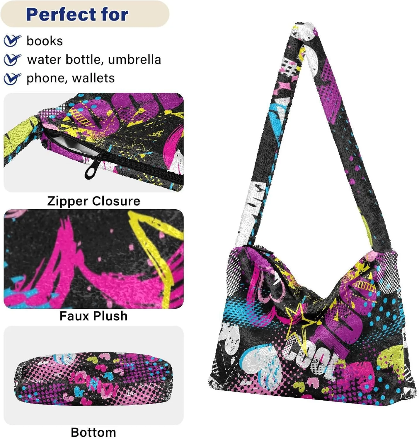 Plush Underarm Bag Ladies Fluffy Shoulder Bag Women Furry Fashions Tote Bag Plush Handbag for Autumn and Winter Multicolor 1