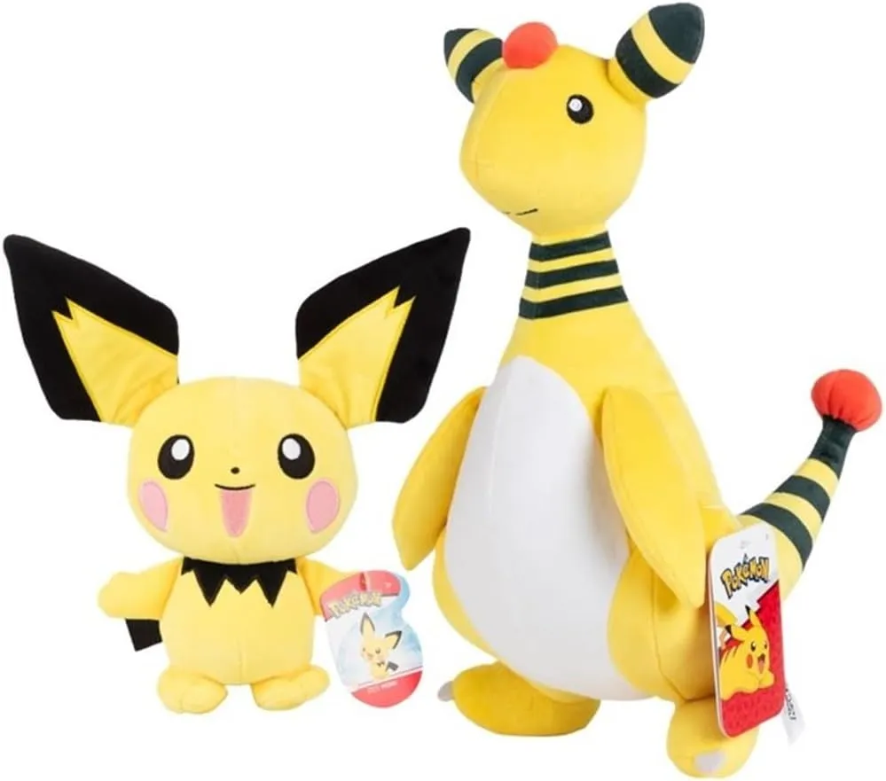 Pokémon 12" Ampharos & 8" Pichu Electric Type Plush 2-Pack - Officially Licensed - Authentic Soft Stuffed Animal Toy Figures - Gift for Kids, Boys, Girls - 2 