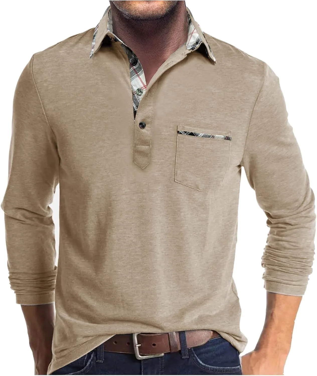 Polo Shirts for Men Loose Fit Solid Lightweight Button T-Shirts Casual Stylish Long Sleeve Henley Pullover Tee Tops