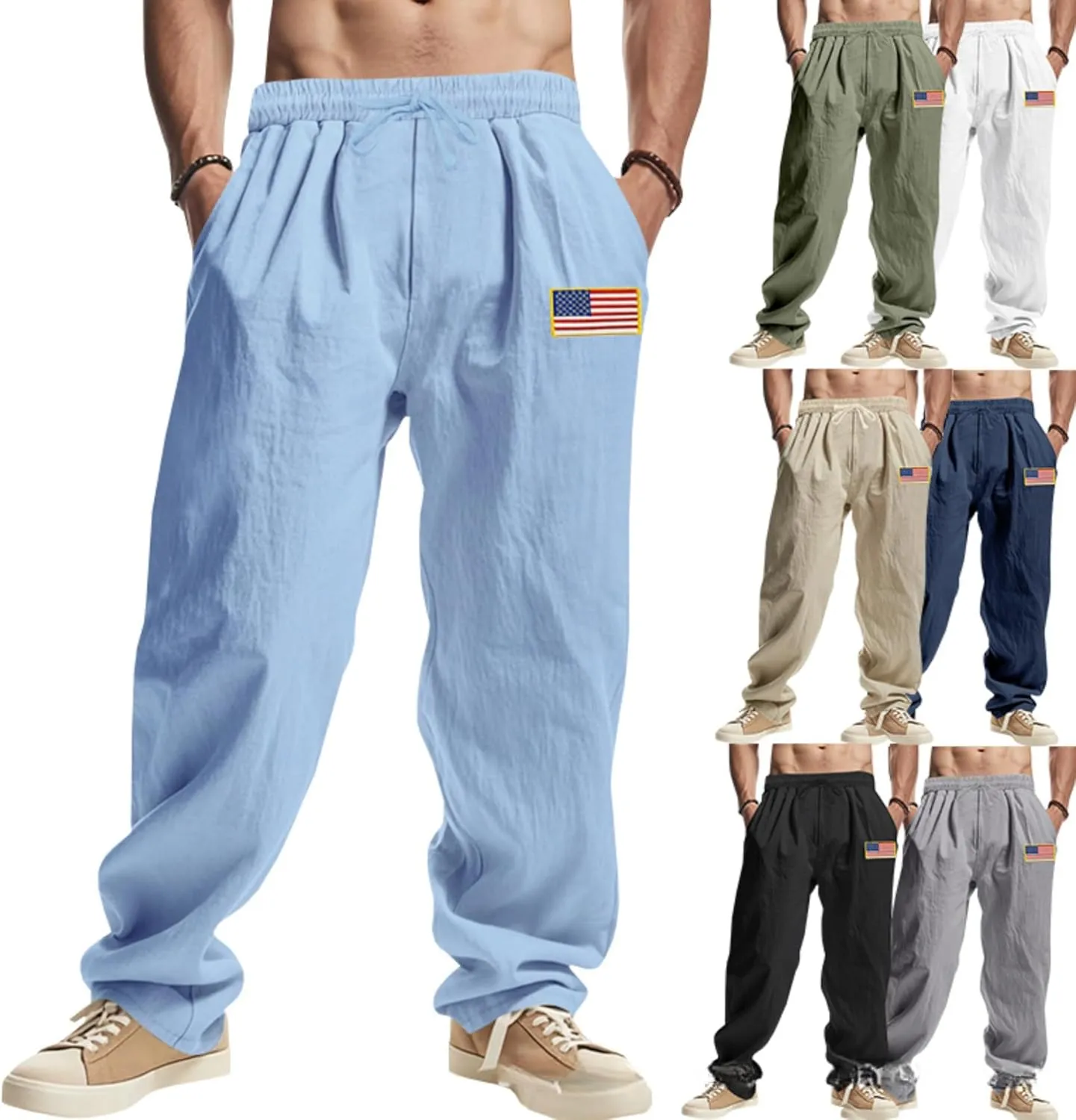 PORCLAY Mens Linen Casual Pants Elastic Waist Drawstring Hip Hop Trousers Wide Leg Yoga Beach 2025 Summer Pants