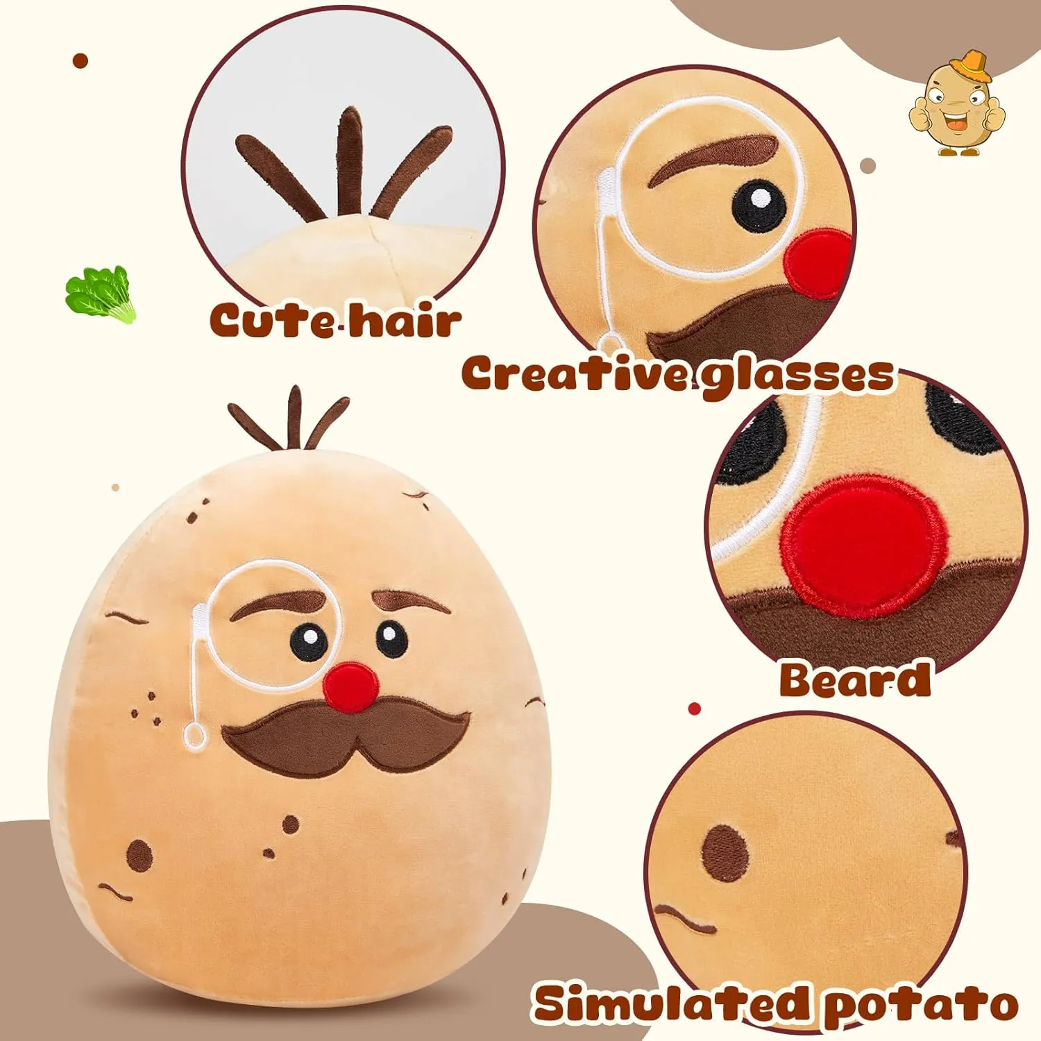 Potato Plush Stuffed Animals Plushie Original Mr. Potato Squishy Pillow Super Soft Cozy Cuddle Toy Holiday Decor Gift for Boys Girls 12"