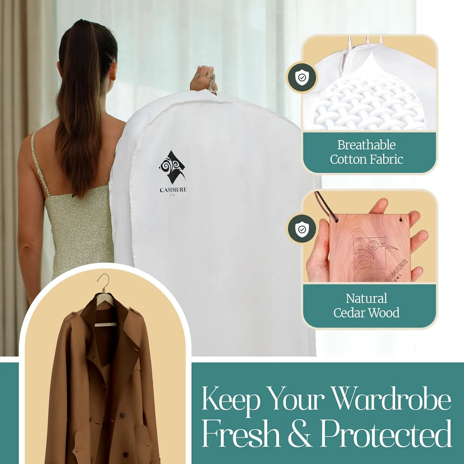 Premium 40” Short Cotton Garment Bag For Hanging Clothes And Storage | Wide 6” Gusset & 4 Cedar Blocks For Fresh Smell And Moth Protection | Best For Suits, Fur Coats, Leather Jackets, Sweaters.