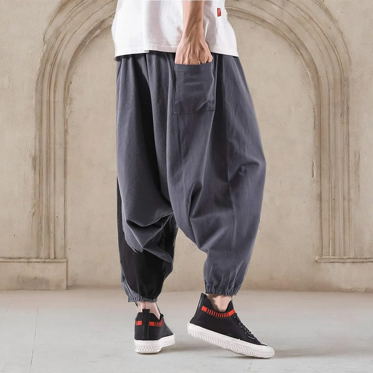 PRIJOUHE Men's Harem Pants, Baggy Wide Leg Hip Hop Pants, Cotton