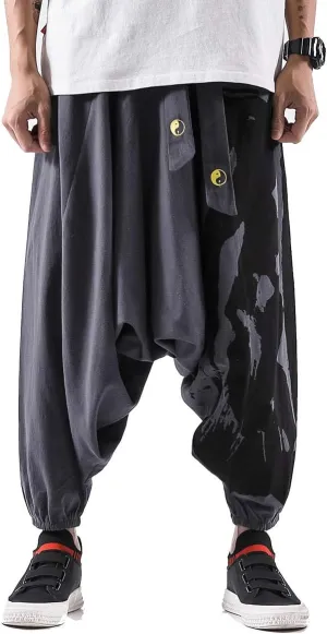 PRIJOUHE Men's Harem Pants, Baggy Wide Leg Hip Hop Pants, Cotton