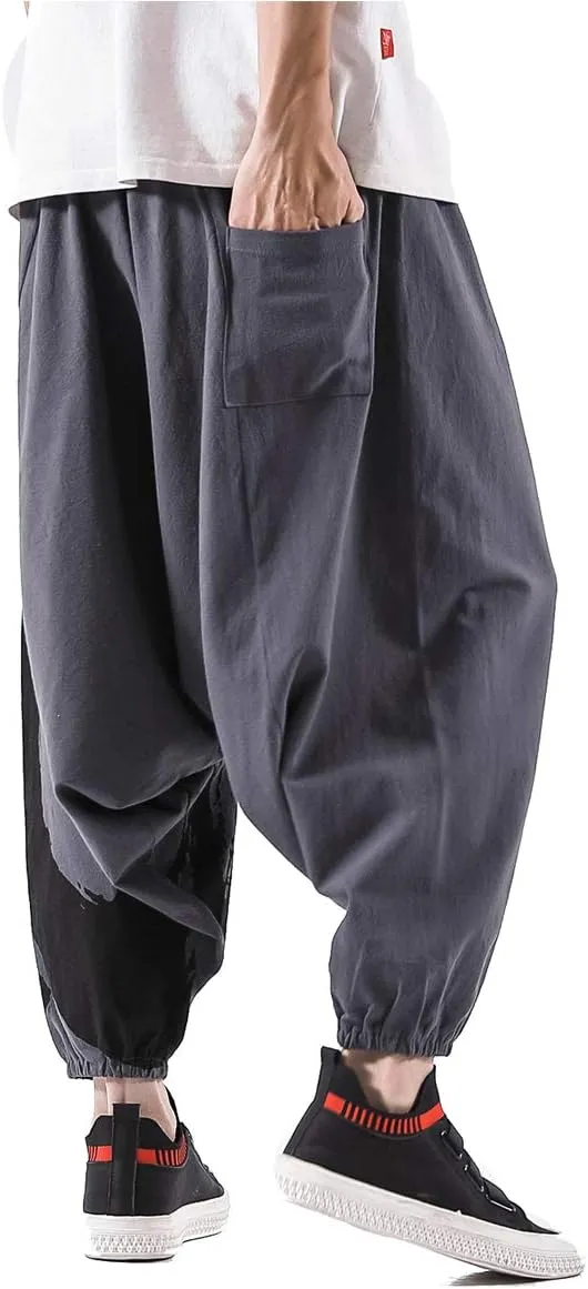 PRIJOUHE Men's Harem Pants, Baggy Wide Leg Hip Hop Pants, Cotton