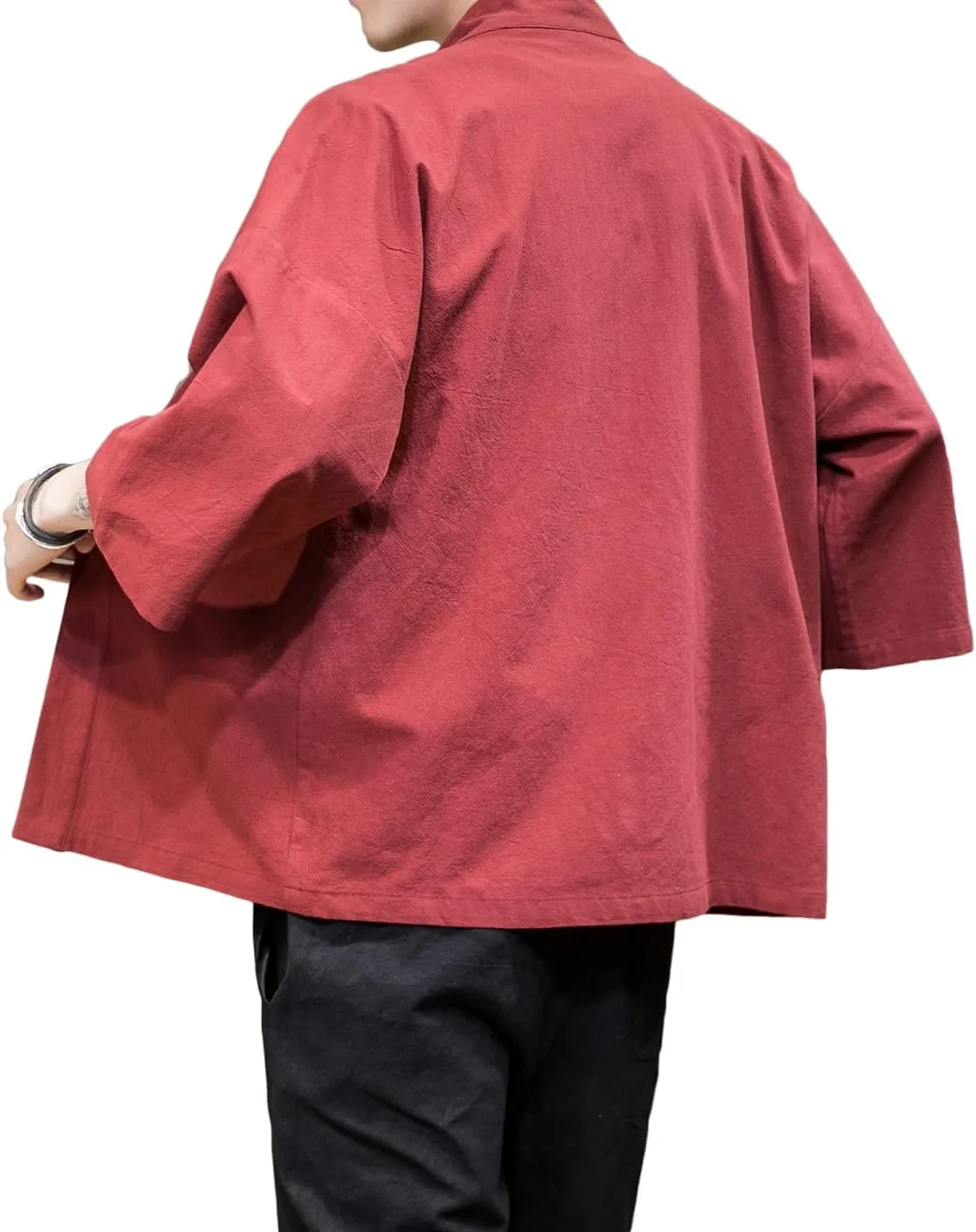 PRIJOUHE Men's Kimono Jackets Cardigan Casual Cotton Blends Linen Seven Sleeve Open Front Embroidery Coat