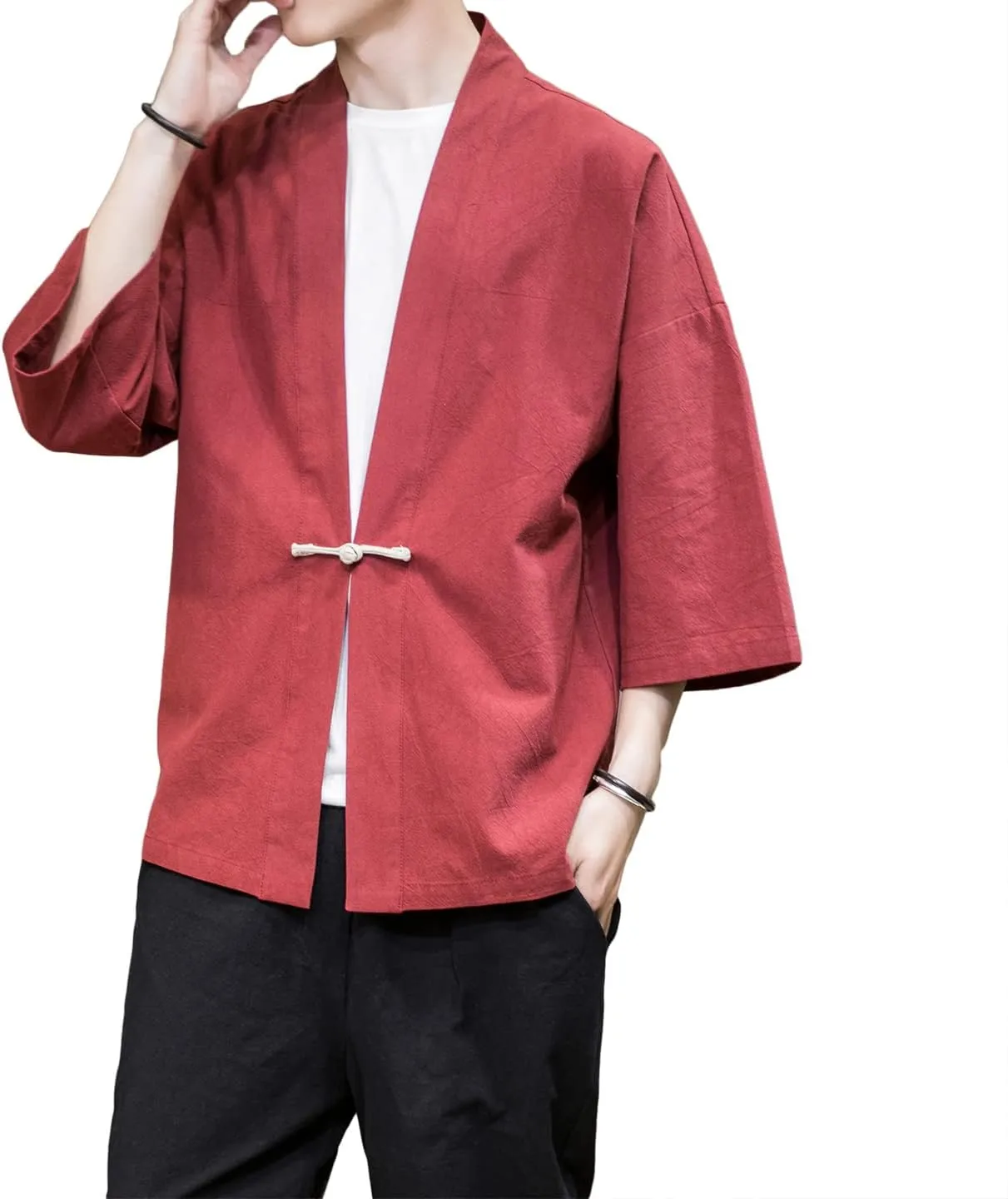 PRIJOUHE Men's Kimono Jackets Cardigan Casual Cotton Blends Linen Seven Sleeve Open Front Embroidery Coat