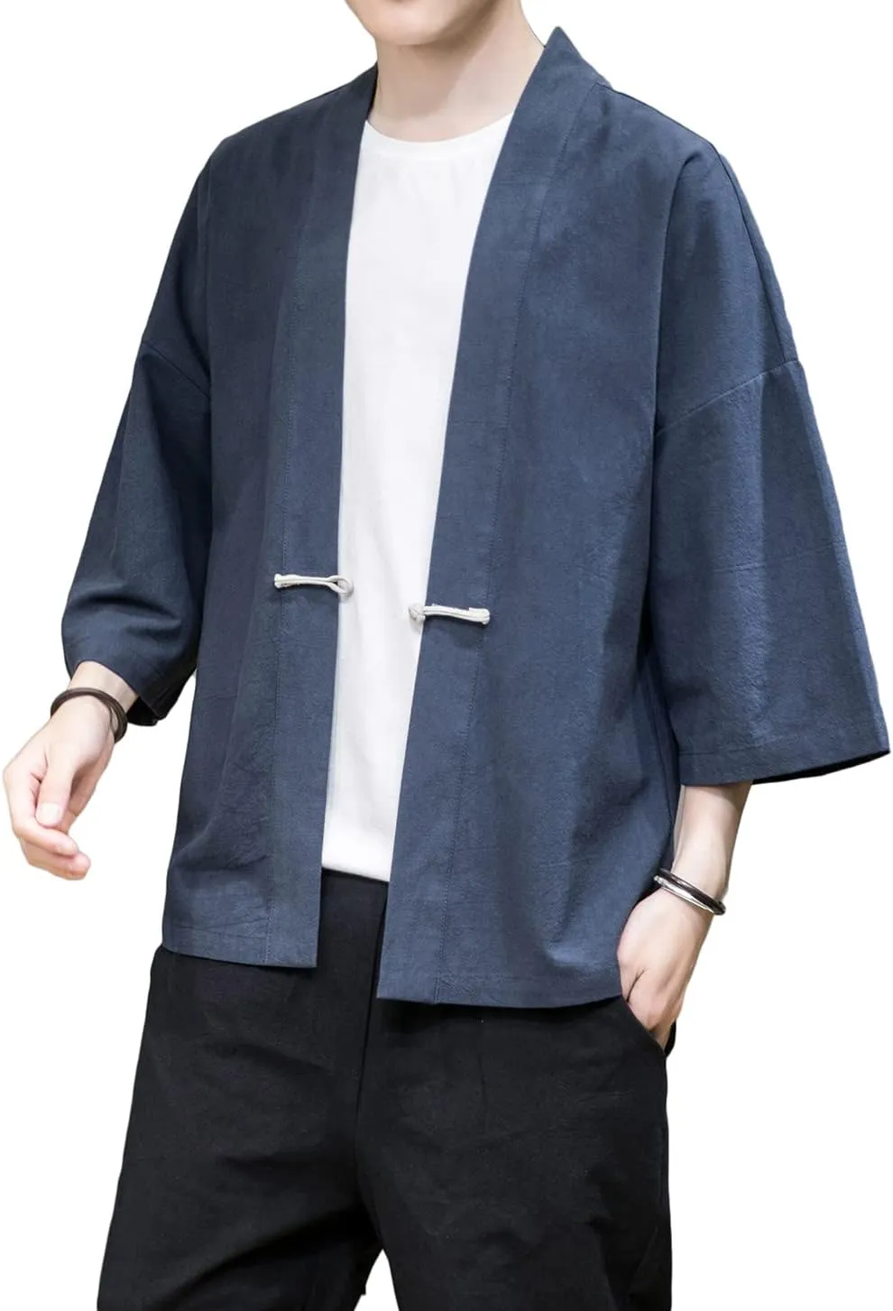 PRIJOUHE Men's Kimono Jackets Cardigan Casual Cotton Blends Linen Seven Sleeve Open Front Embroidery Coat
