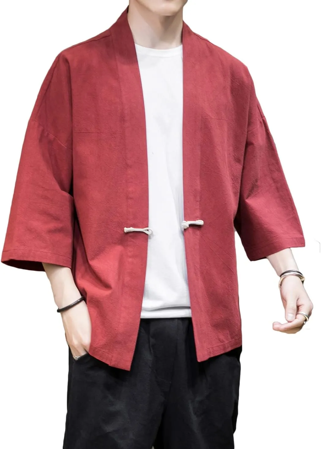 PRIJOUHE Men's Kimono Jackets Cardigan Casual Cotton Blends Linen Seven Sleeve Open Front Embroidery Coat