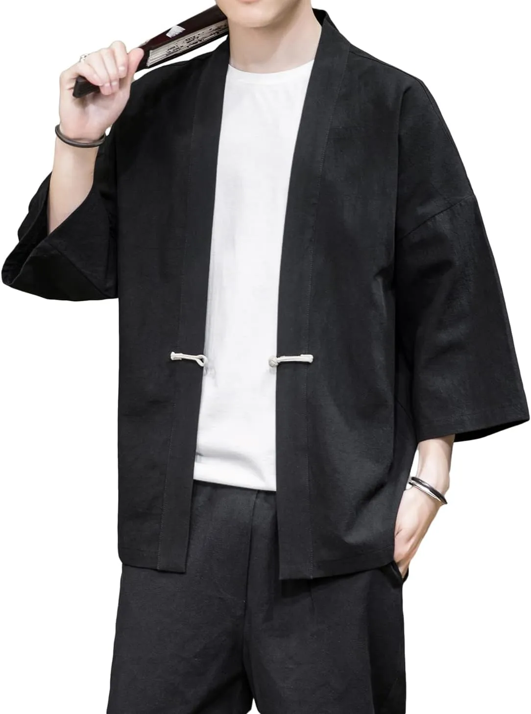 PRIJOUHE Men's Kimono Jackets Cardigan Casual Cotton Blends Linen Seven Sleeve Open Front Embroidery Coat