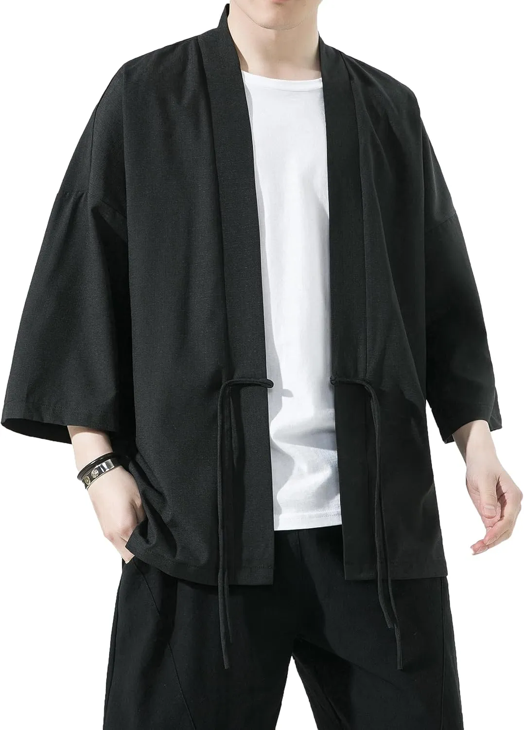PRIJOUHE Men's Kimono Jackets Cardigan Casual Cotton Blends Linen Seven Sleeve Open Front Embroidery Coat
