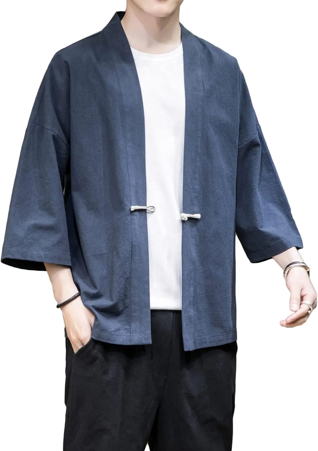PRIJOUHE Men's Kimono Jackets Cardigan Casual Cotton Blends Linen Seven Sleeve Open Front Embroidery Coat