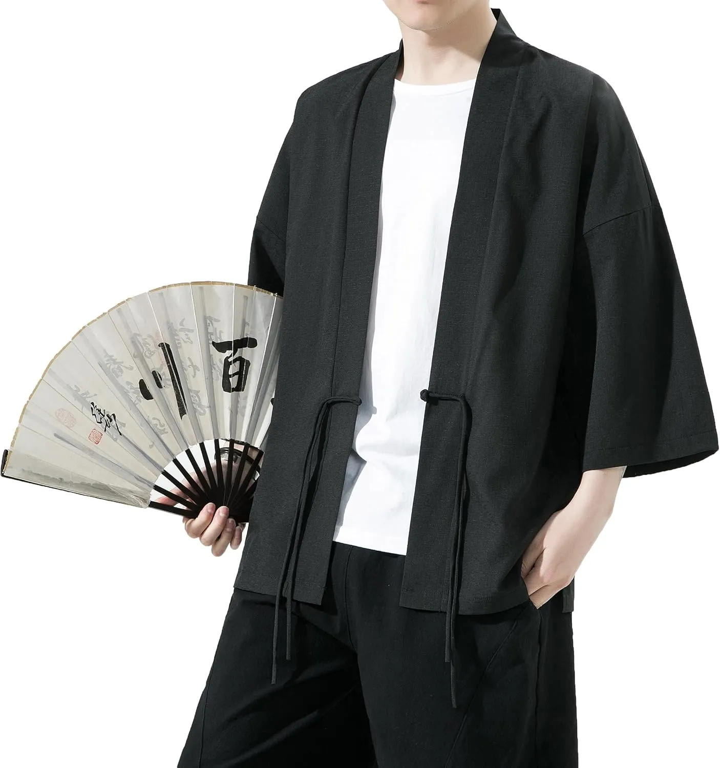 PRIJOUHE Men's Kimono Jackets Cardigan Casual Cotton Blends Linen Seven Sleeve Open Front Embroidery Coat