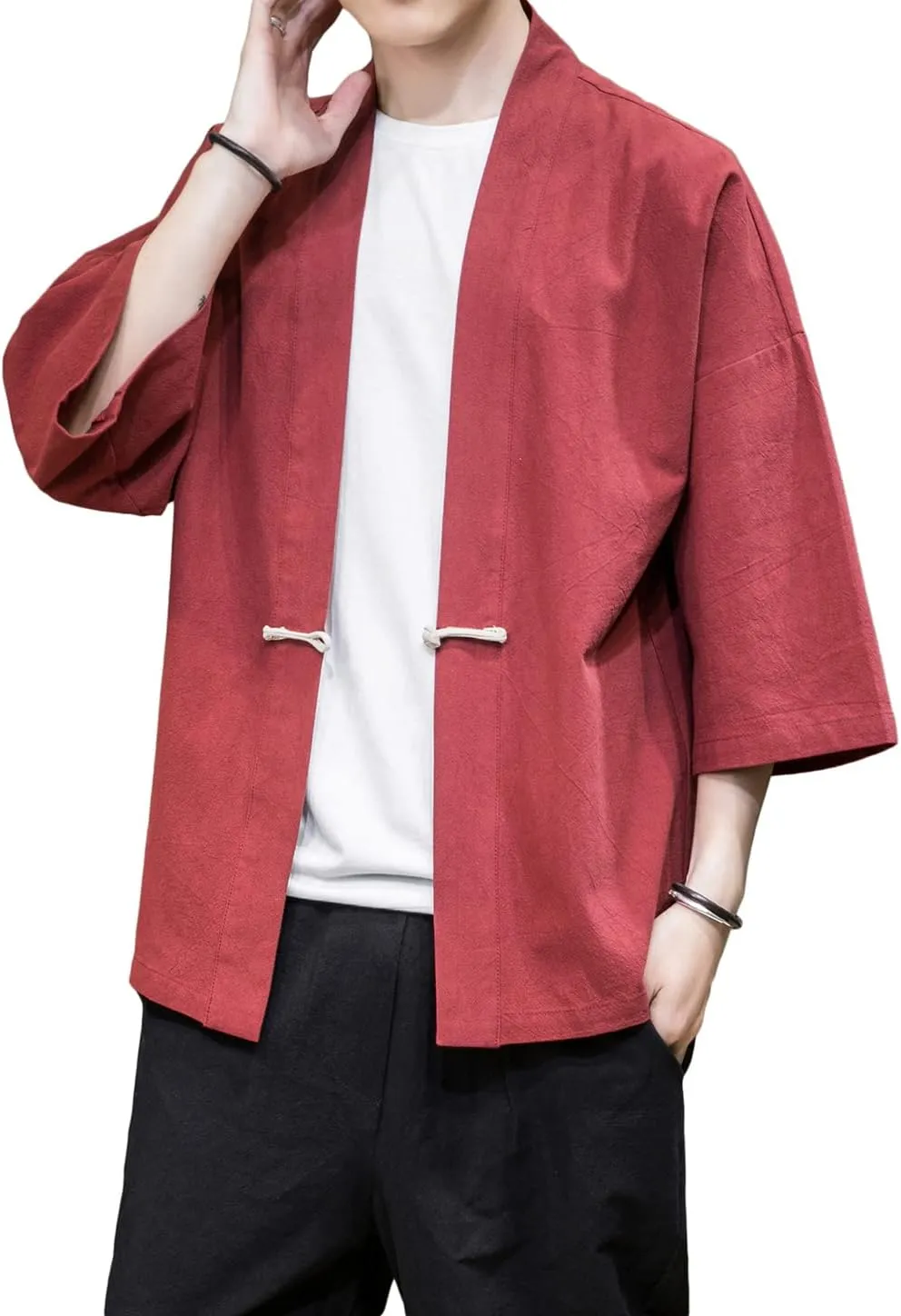 PRIJOUHE Men's Kimono Jackets Cardigan Casual Cotton Blends Linen Seven Sleeve Open Front Embroidery Coat