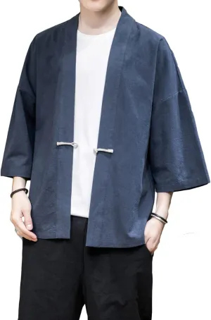 PRIJOUHE Men's Kimono Jackets Cardigan Casual Cotton Blends Linen Seven Sleeve Open Front Embroidery Coat