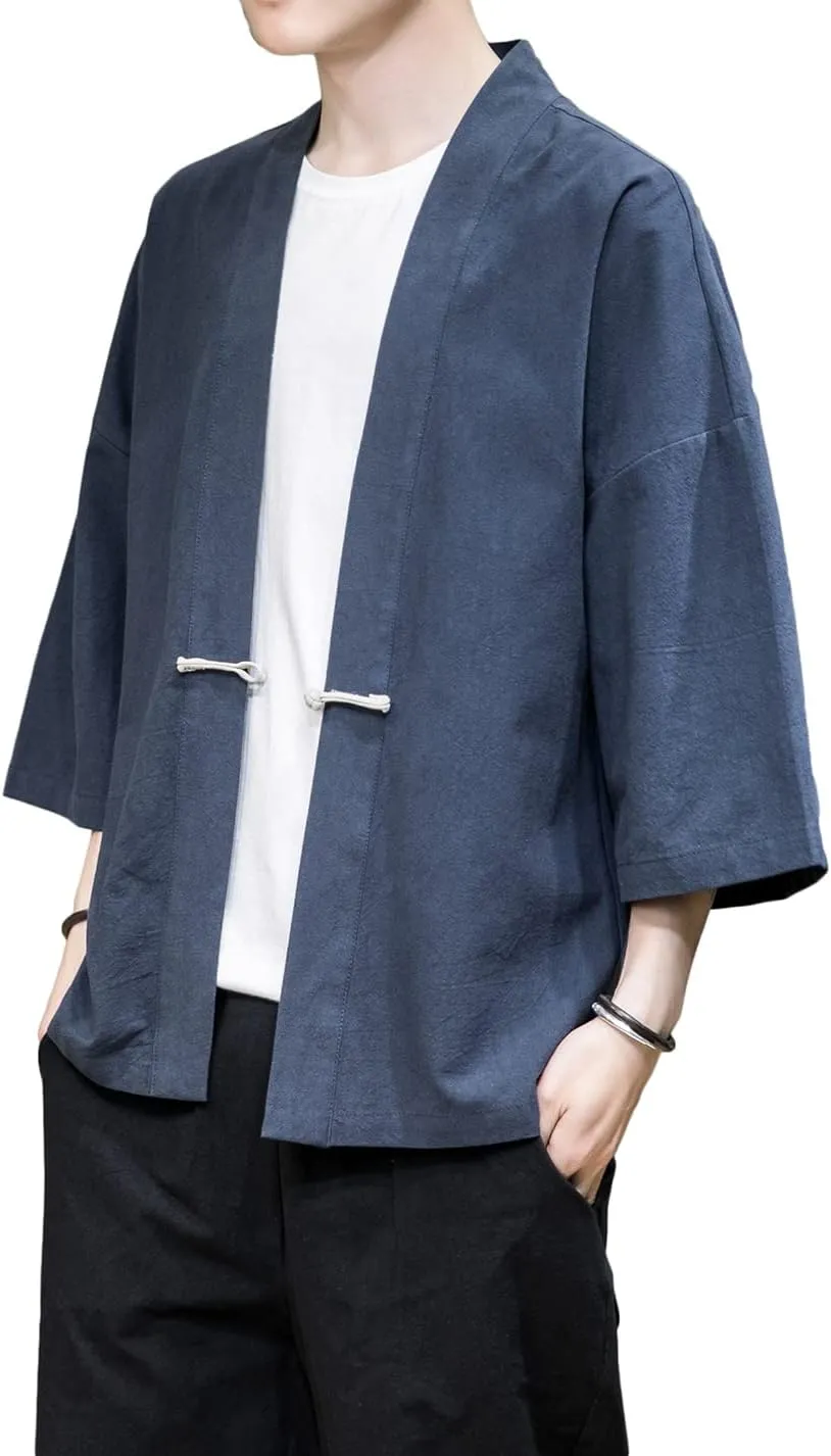 PRIJOUHE Men's Kimono Jackets Cardigan Casual Cotton Blends Linen Seven Sleeve Open Front Embroidery Coat
