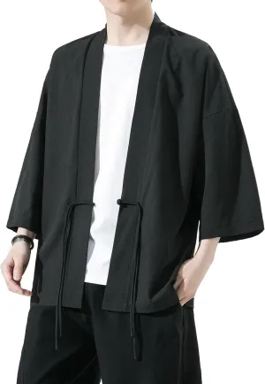PRIJOUHE Men's Kimono Jackets Cardigan Casual Cotton Blends Linen Seven Sleeve Open Front Embroidery Coat