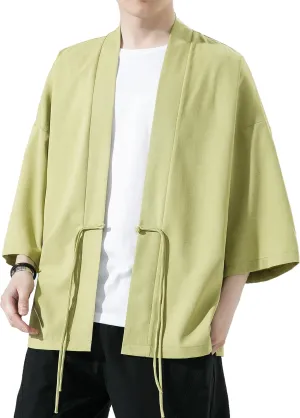 PRIJOUHE Men's Kimono Jackets Cardigan Casual Cotton Blends Linen Seven Sleeve Open Front Embroidery Coat