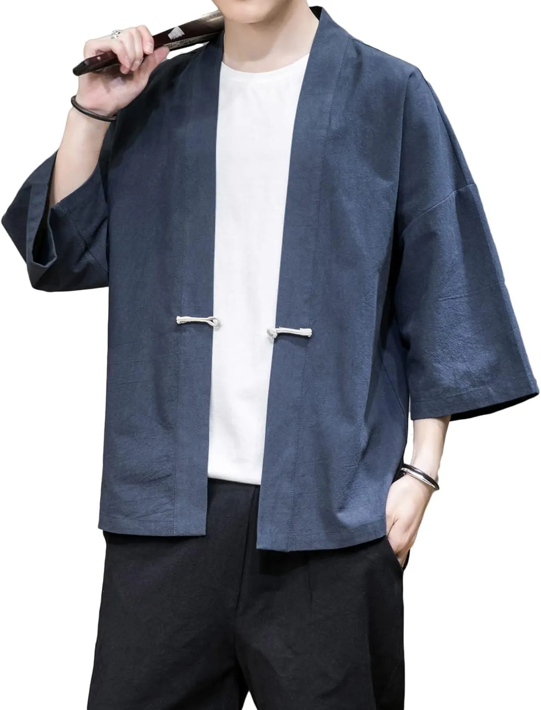 PRIJOUHE Men's Kimono Jackets Cardigan Casual Cotton Blends Linen Seven Sleeve Open Front Embroidery Coat