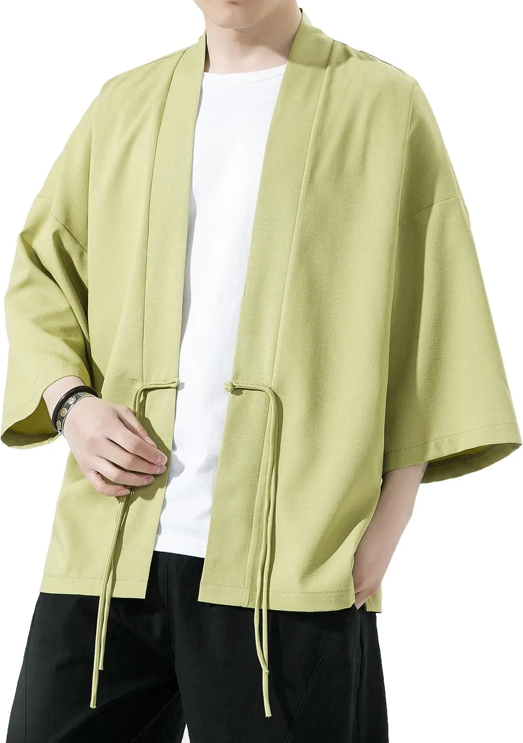 PRIJOUHE Men's Kimono Jackets Cardigan Casual Cotton Blends Linen Seven Sleeve Open Front Embroidery Coat